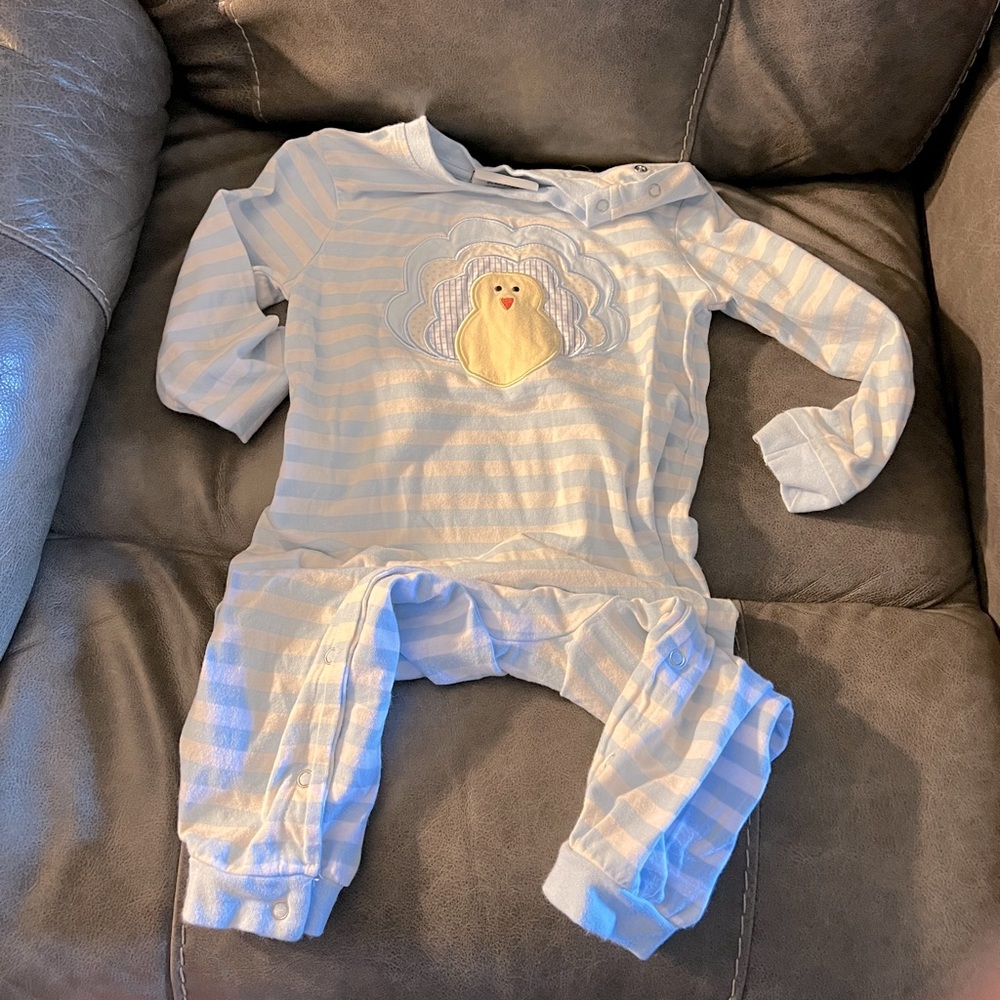 Jellybean light Blue and White Appliqué Turkey Romper